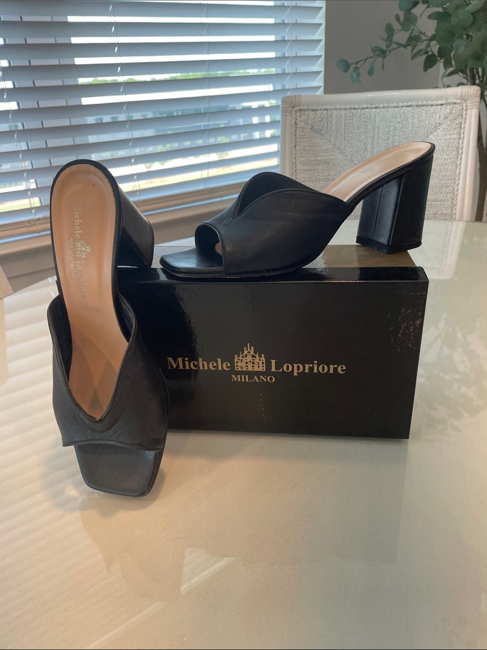 Michele Lopriore Milano Black Leather Block Heel Mules